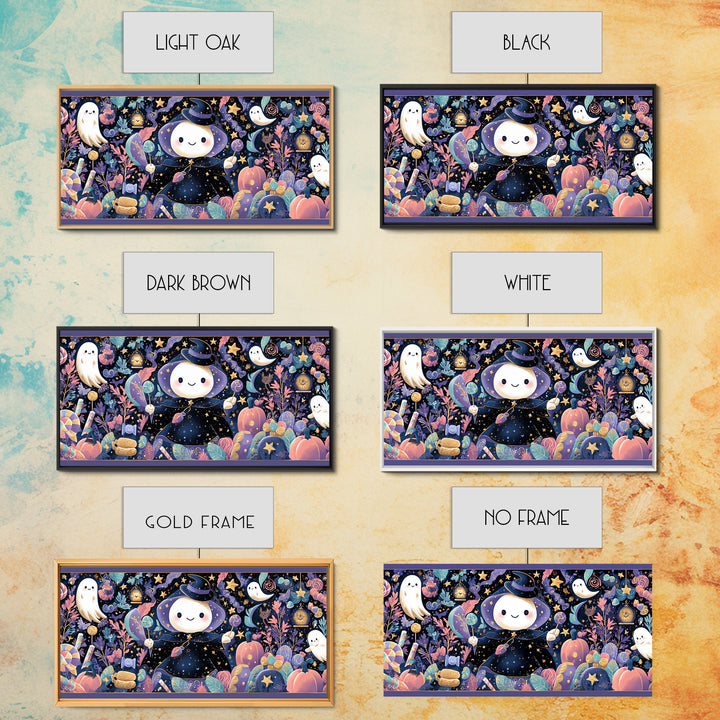 The Star-Cape Magician, Kawaii Halloween Art, Wide Panoramic Art, Framed Canvas Print, Cute Halloween Wall Art