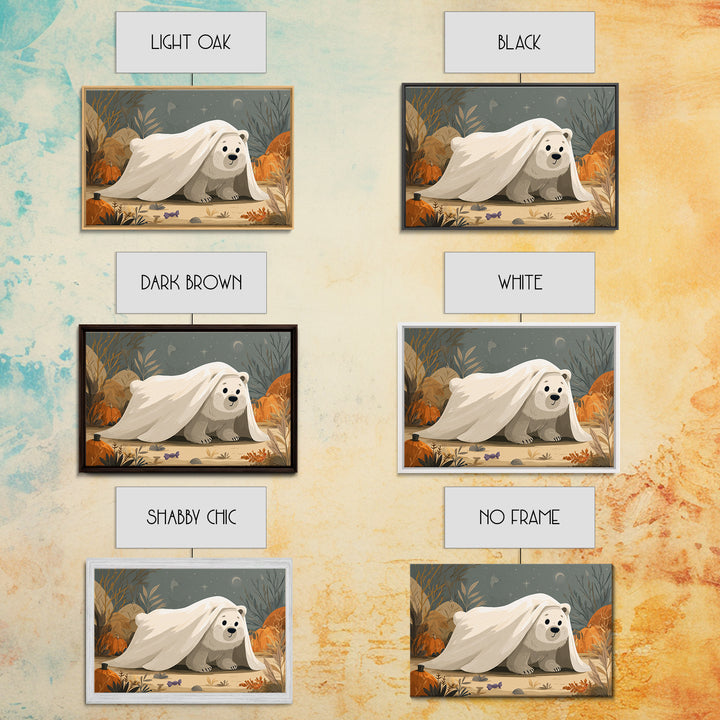 The Bear Cub Ghost, Vector Halloween Art, Landscape Wall Art, Framed Canvas Print, Cute Halloween Wall Art