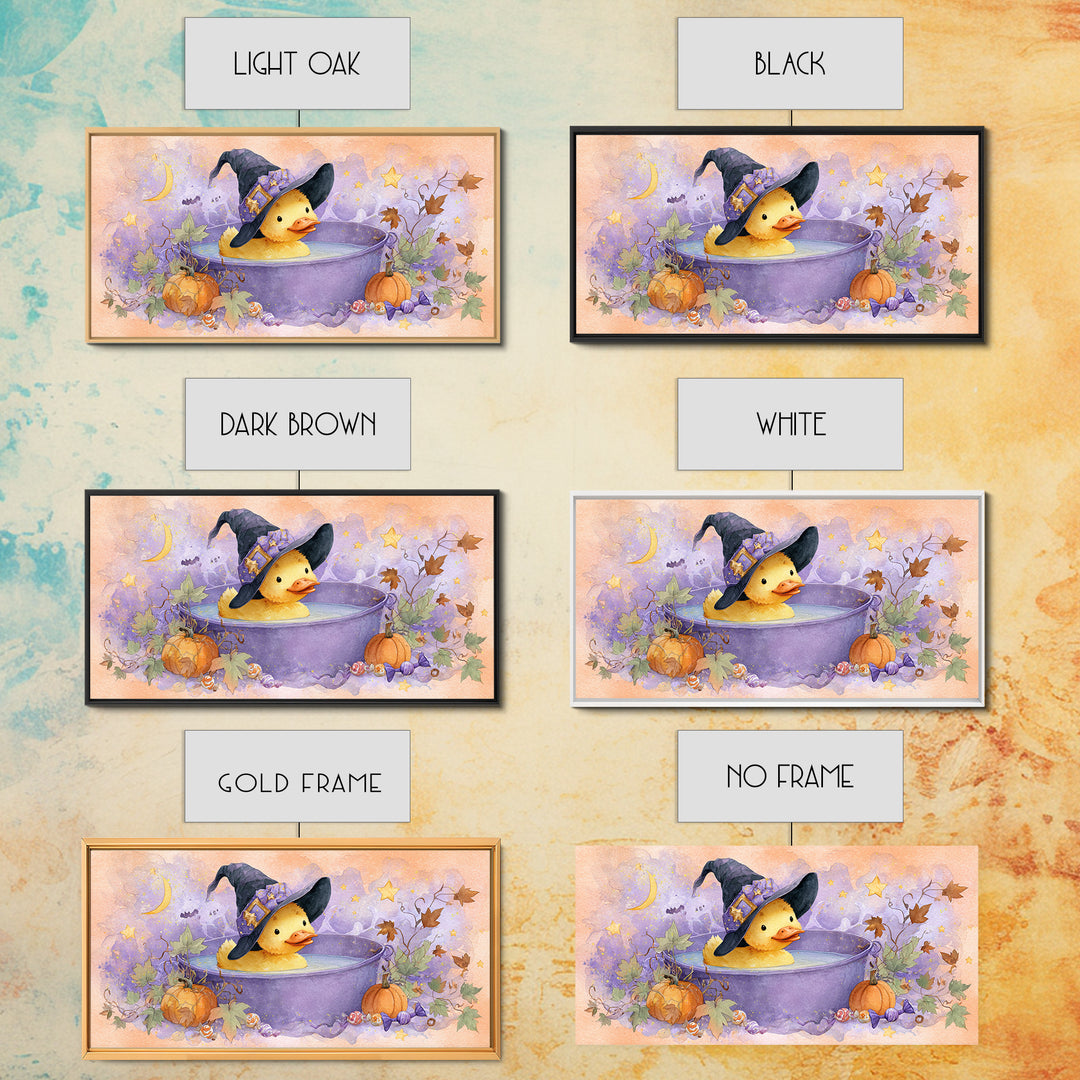 The Duckling Witch, Watercolor Halloween Art, Wide Panoramic Art, Framed Canvas Print, Cute Halloween Wall Art