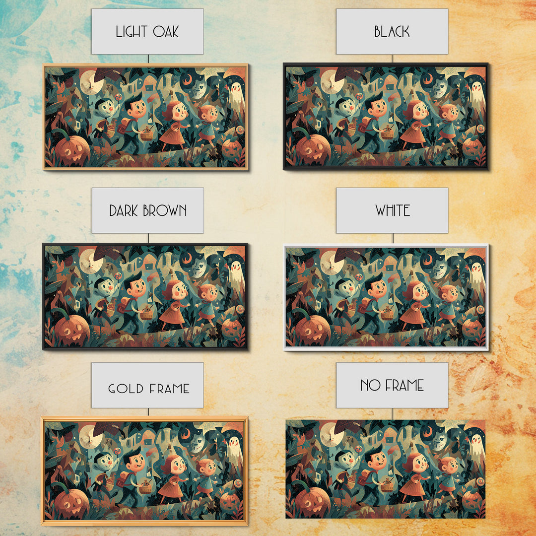 The Candy Map Adventurers, Screenprint Halloween Art, Wide Panoramic Art, Framed Canvas Print, Cute Halloween Wall Art