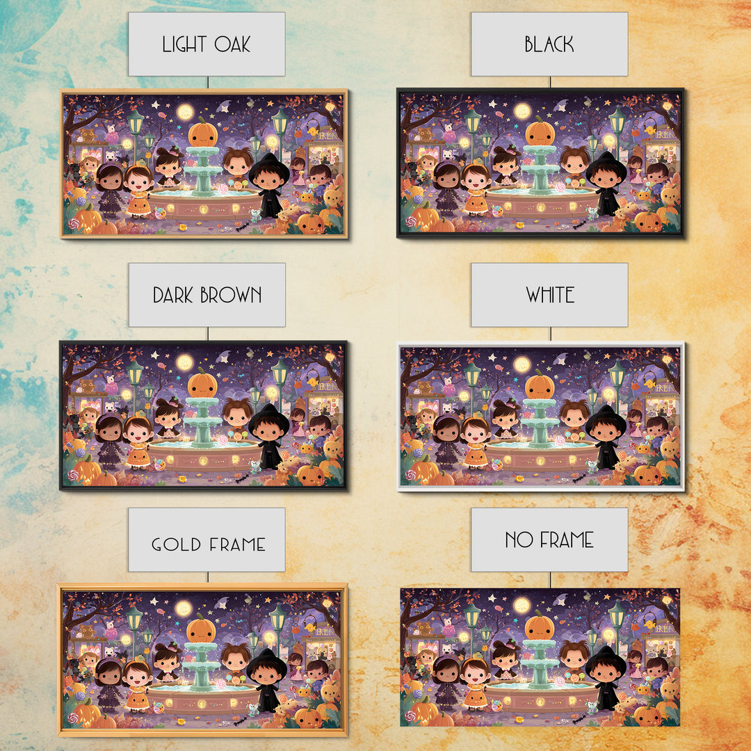 The Trick-Or-Treat Village Square, Kawaii Halloween Art, Wide Panoramic Art, Framed Canvas Print, Cute Halloween Wall Art
