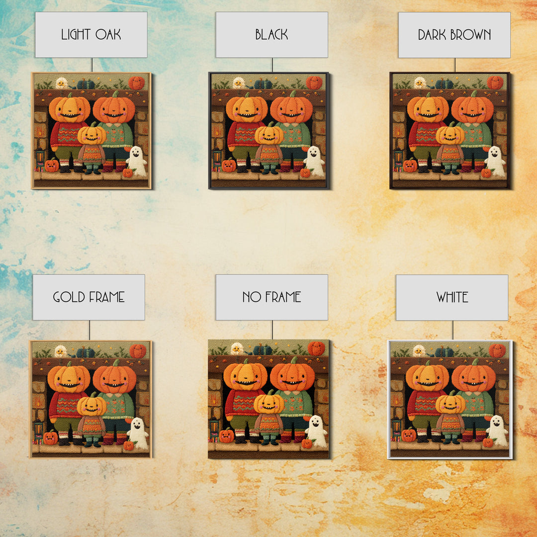 The Pumpkin Family Portrait, Embroidered Halloween Art, Square Wall Art, Canvas Print, Cute Halloween Wall Art