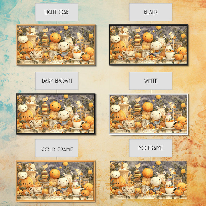 The Pumpkin Tea Party, Quilled Halloween Art, Wide Panoramic Art, Framed Canvas Print, Cute Halloween Wall Art