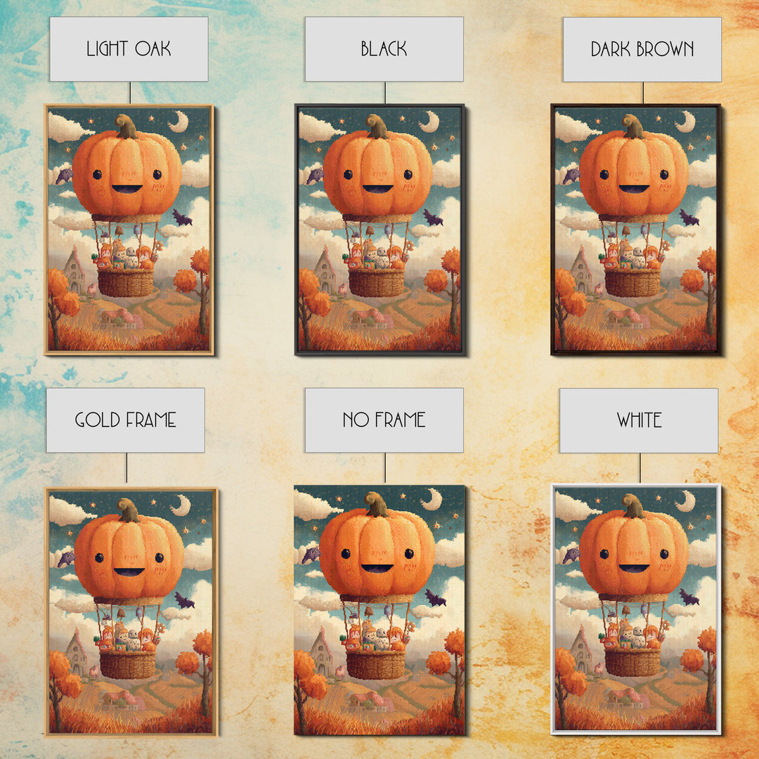 The Pumpkin Hot-Air Balloon, Pixel Halloween Art, Vertical Wall Art, Canvas Print, Cute Halloween Wall Art