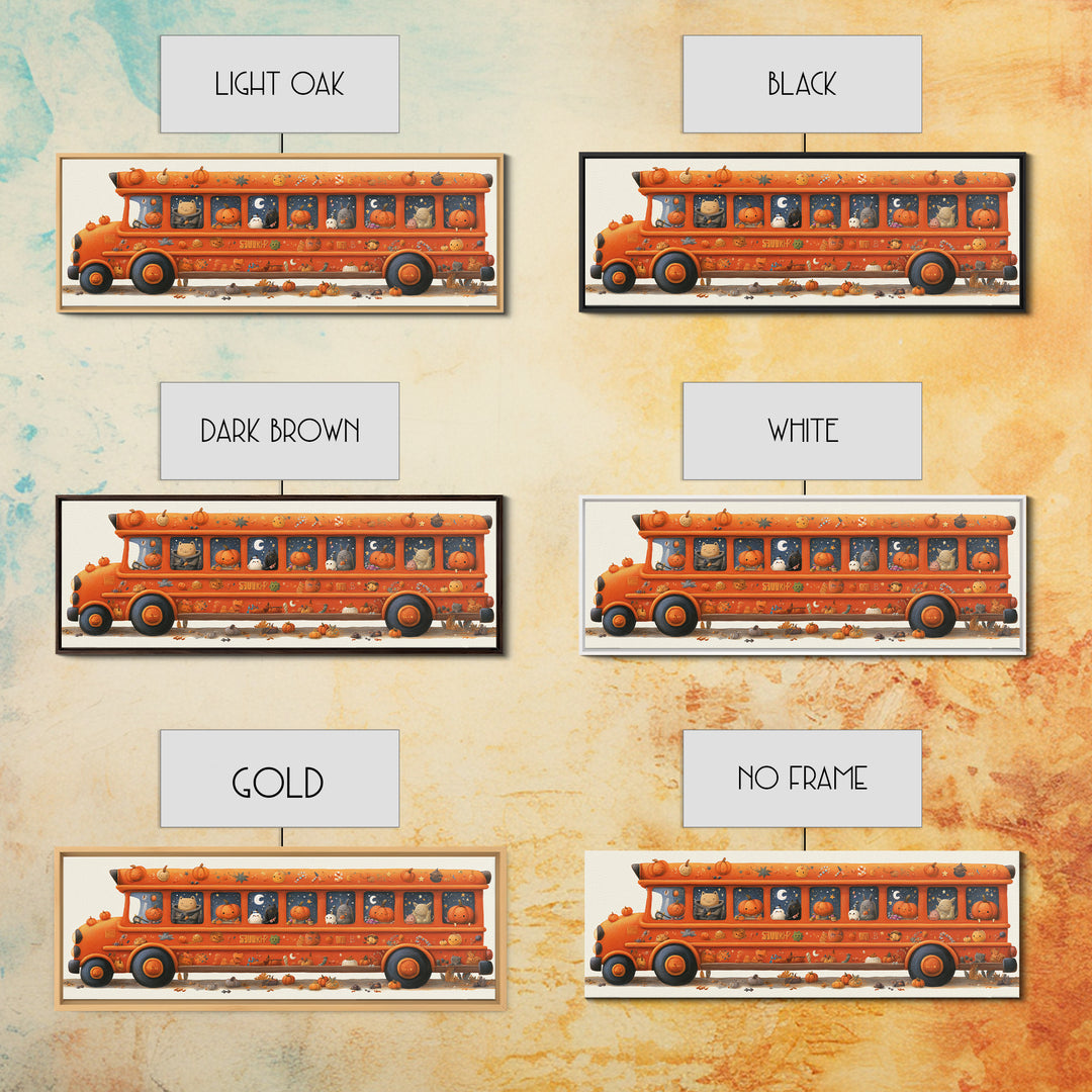 The Pumpkin School Bus, Gouache Halloween Art, Extra Wide Wall Art, Canvas Print, Cute Halloween Wall Art