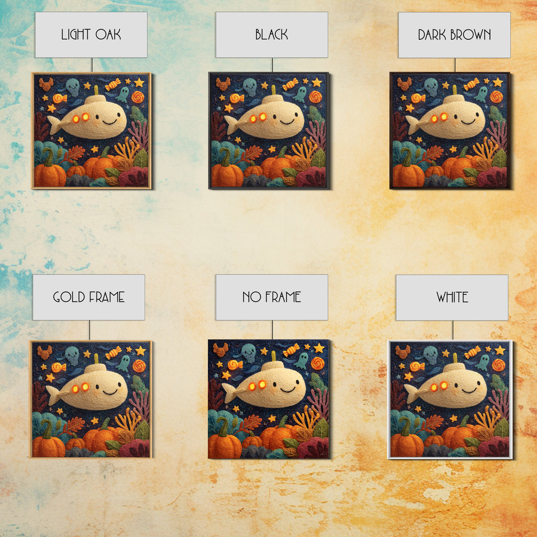 The Pumpkin Submarine, Felt Halloween Art, Square Wall Art, Canvas Print, Cute Halloween Wall Art, Halloween Kids Decor