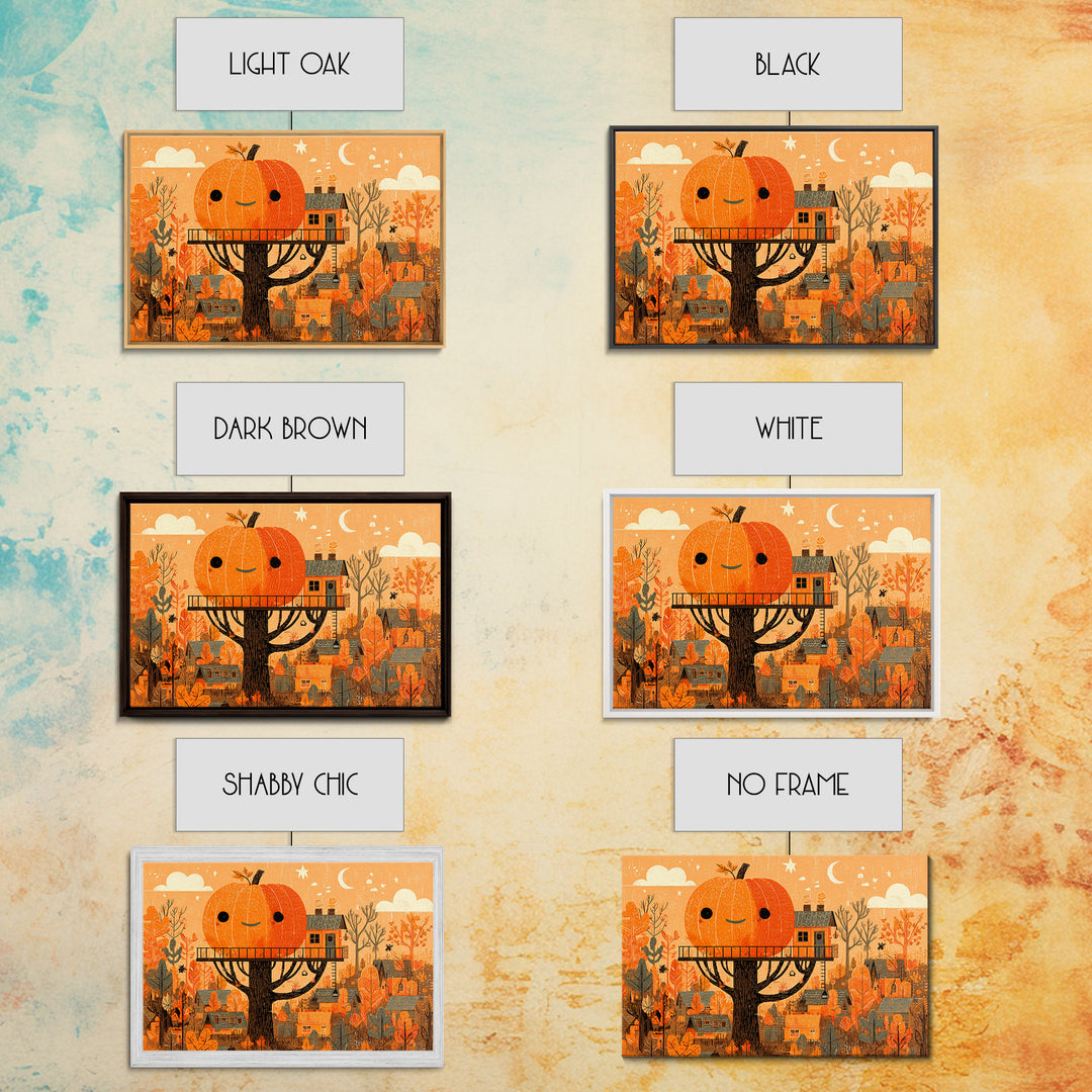 The Pumpkin Treehouse, Screenprint Halloween Art, Landscape Wall Art, Framed Canvas Print, Cute Halloween Wall Art