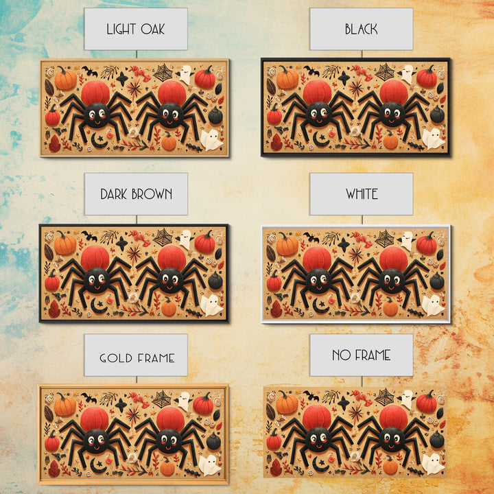 The Licorice Spider Family, Paper Collage Halloween, Wide Panoramic Art, Framed Canvas Print, Cute Halloween Wall Art