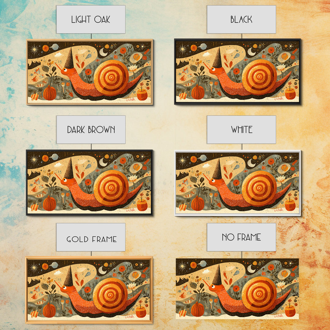 The Cinnamon-Roll Snail Witch, Screenprint Halloween Art, Wide Panoramic Art, Framed Canvas Print, Cute Halloween Wall Art