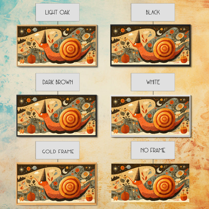 The Cinnamon-Roll Snail Witch, Screenprint Halloween Art, Wide Panoramic Art, Framed Canvas Print, Cute Halloween Wall Art