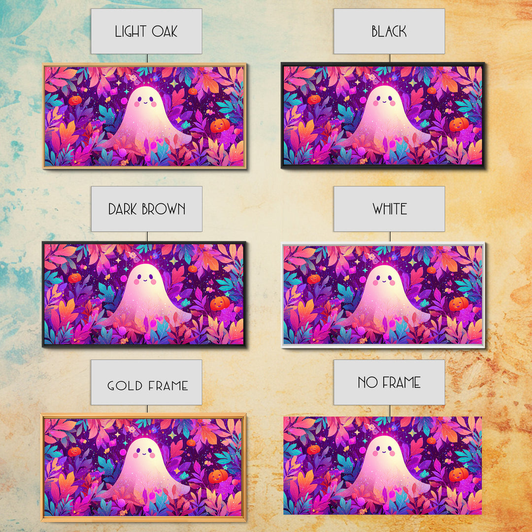 The Ghost With A Flower Crown, Vaporwave Halloween Art, Wide Panoramic Art, Framed Canvas Print, Cute Halloween Wall Art