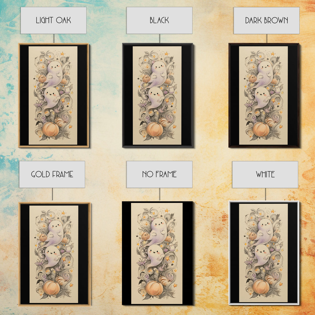 The Ghost And Firefly Friends, Hand Sketch Halloween Art, Vertical Wall Art, Canvas Print, Cute Halloween Wall Art
