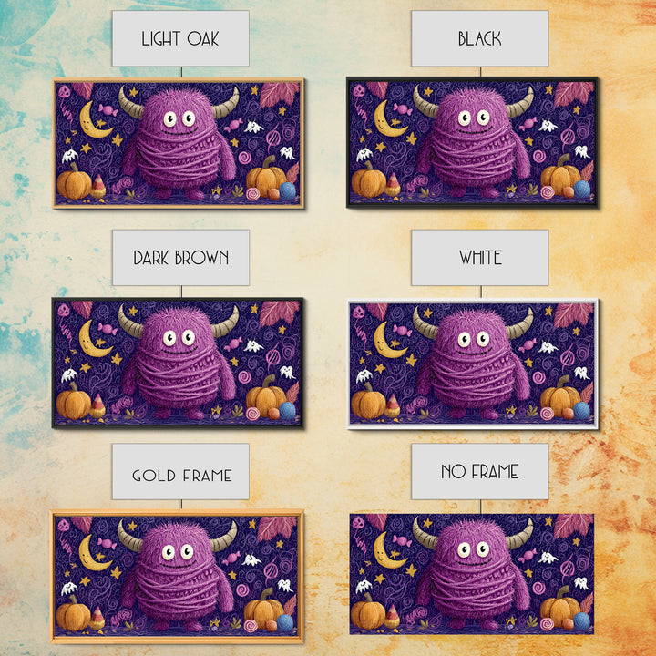 The Fuzzy Purple Monster, Crayon Halloween Art, Wide Panoramic Art, Framed Canvas Print, Cute Halloween Wall Art