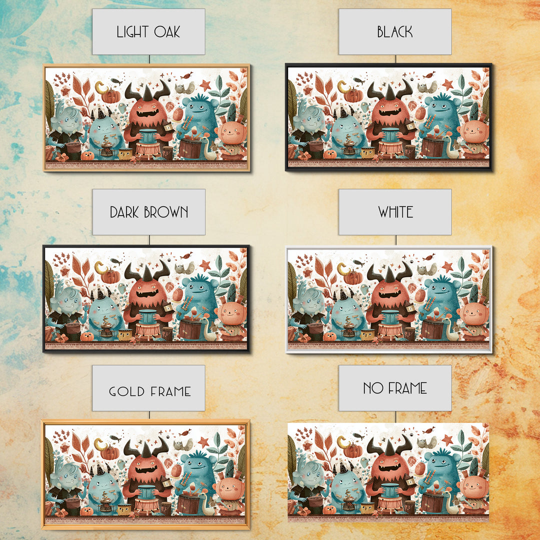 The Little Monster Orchestra, Kawaii Halloween Art, Wide Panoramic Art, Framed Canvas Print, Cute Halloween Wall Art