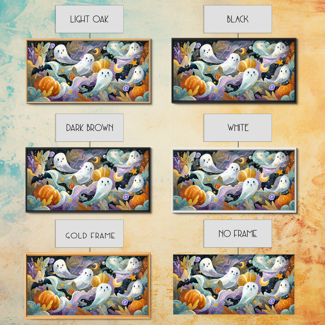 The Halloween Craft Table, Watercolor Halloween Art, Wide Panoramic Art, Framed Canvas Print, Cute Halloween Wall Art