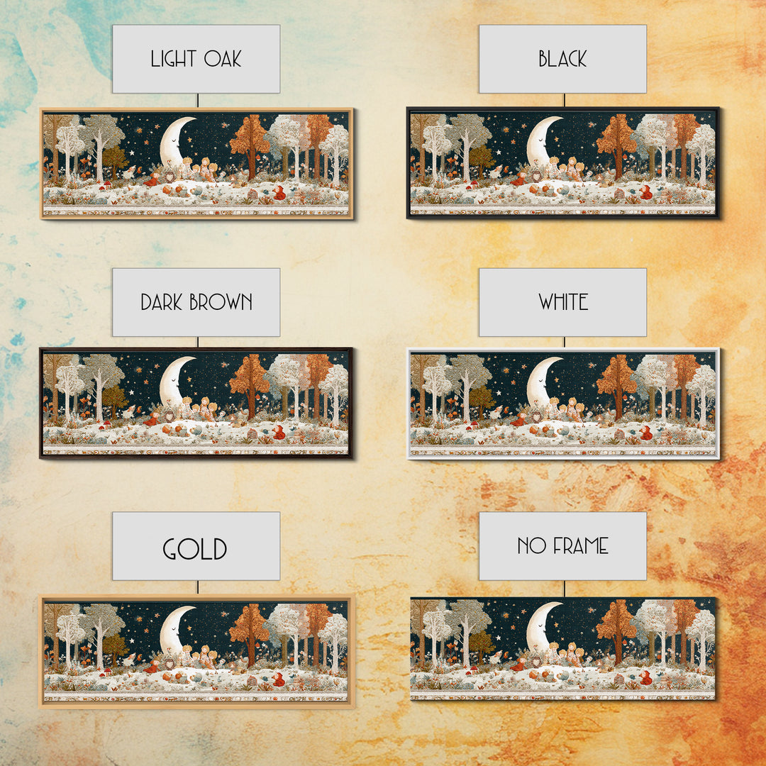 The Smiling Moon Meadow, Embroidered Halloween Art, Extra Wide Wall Art, Canvas Print, Cute Halloween Wall Art