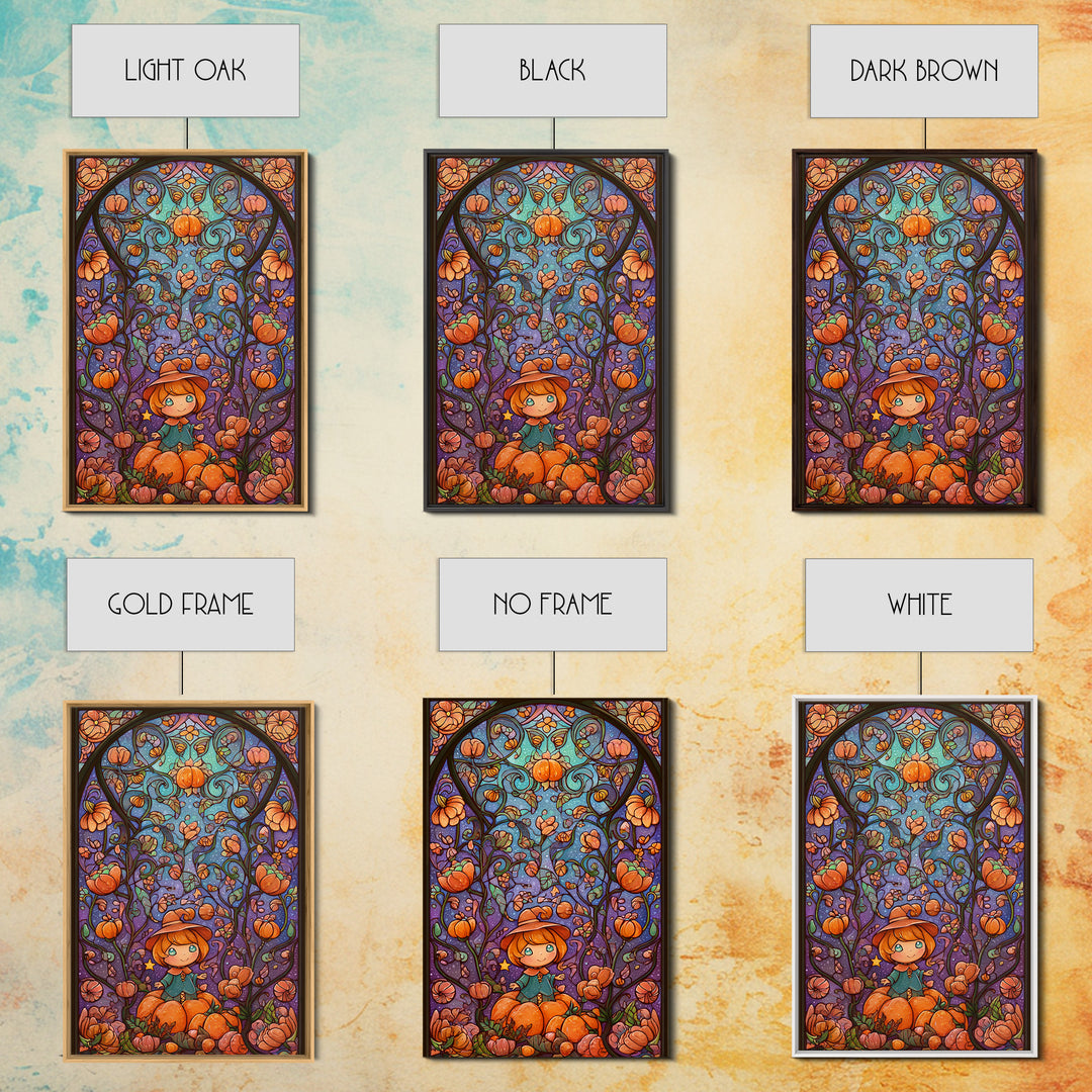 The Pumpkin Flower Garden, Stained Glass Halloween, Vertical Wall Art, Canvas Print, Cute Halloween Wall Art