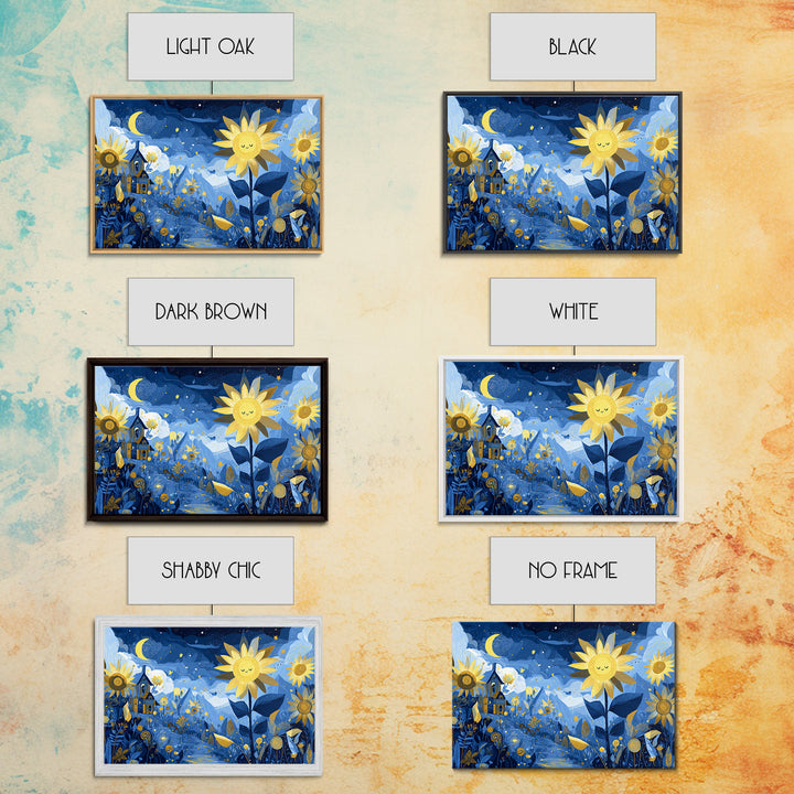 The Singing Sunflowers At Midnight, Crayon Halloween Art, Landscape Wall Art, Framed Canvas Print, Cute Halloween Wall Art