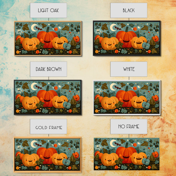 The Singing Pumpkin Patch, Screenprint Halloween Art, Wide Panoramic Art, Framed Canvas Print, Cute Halloween Wall Art