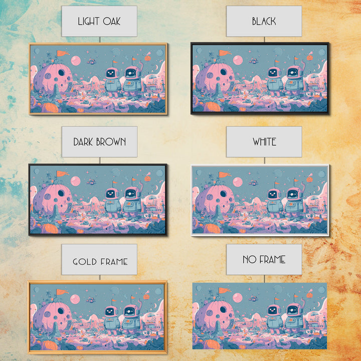The Pumpkin Moon Expedition, Vaporwave Halloween Art, Wide Panoramic Art, Framed Canvas Print, Cute Halloween Wall Art