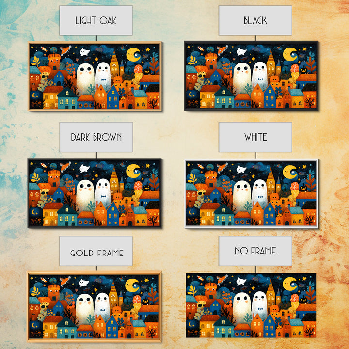 The Rainbow Halloween Night, Crayon Halloween Art, Wide Panoramic Art, Framed Canvas Print, Cute Halloween Wall Art