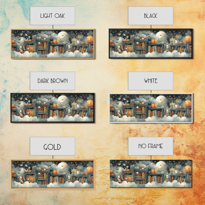 The Enchanted Halloween Library, Pastel Halloween Art, Extra Wide Wall Art, Canvas Print, Cute Halloween Wall Art