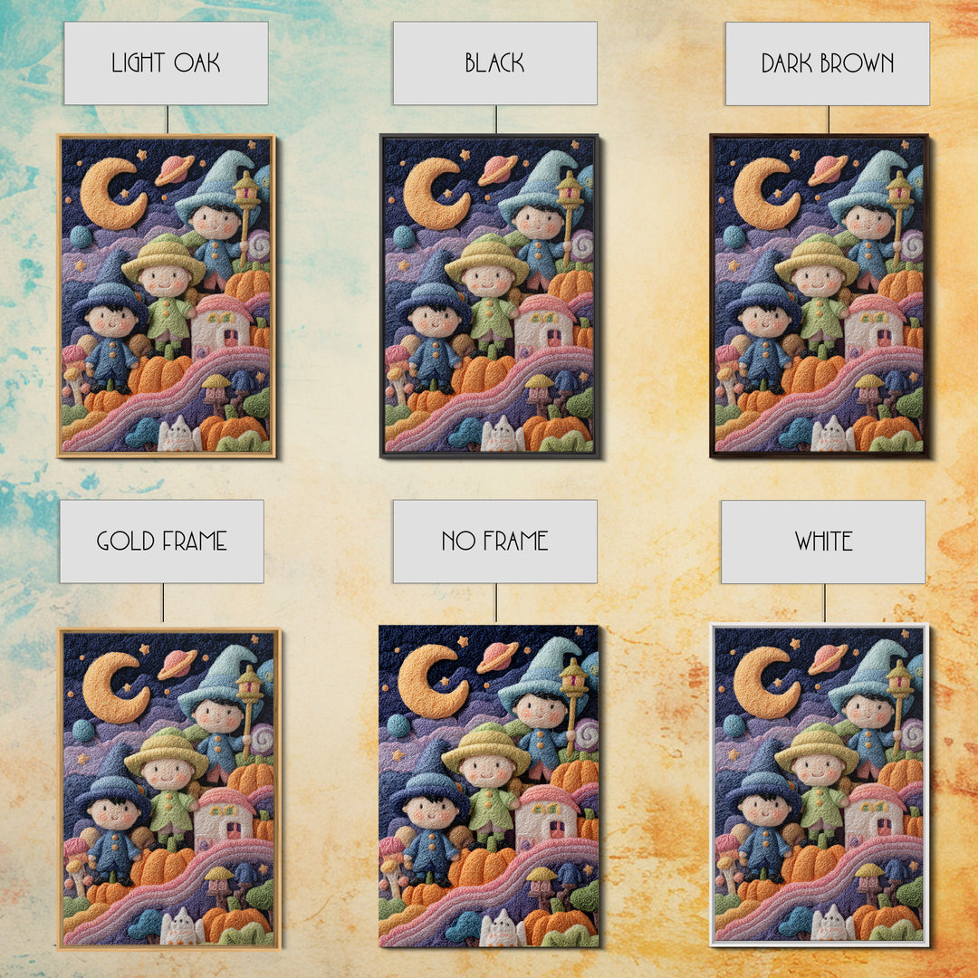 The Parade Across The Stars, Felt Halloween Art, Vertical Wall Art, Canvas Print, Cute Halloween Wall Art