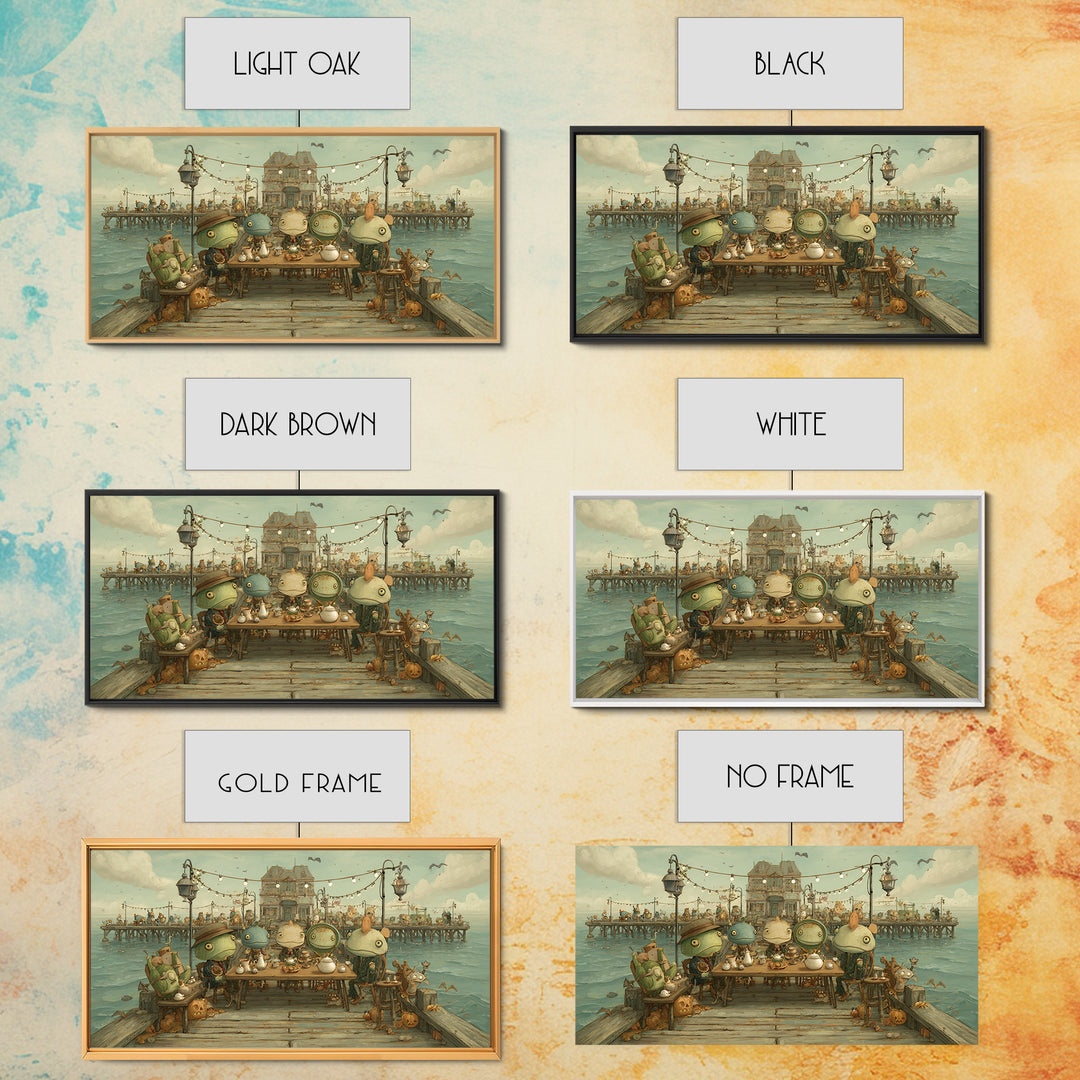 The Tea Party At Innsmouth Pier, Screenprint Halloween Art, Wide Panoramic Art, Framed Canvas Print, Cute Halloween Wall Art