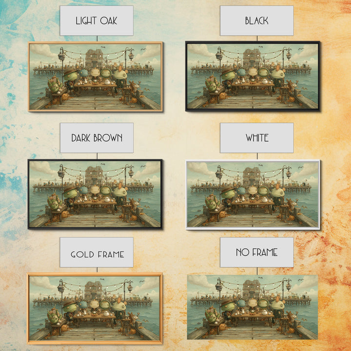 The Tea Party At Innsmouth Pier, Screenprint Halloween Art, Wide Panoramic Art, Framed Canvas Print, Cute Halloween Wall Art