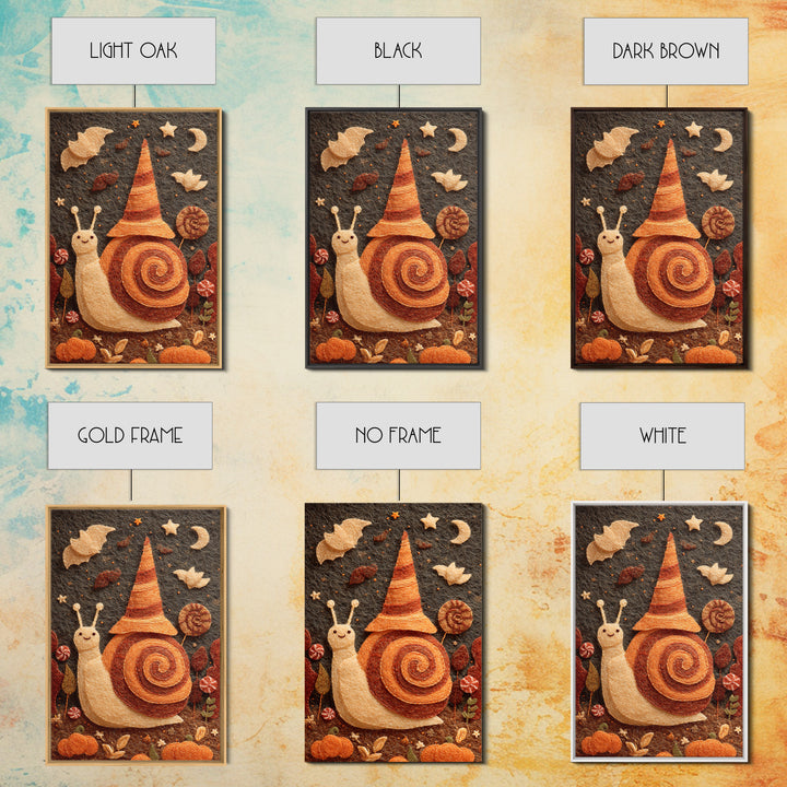 The Cinnamon-Roll Snail Witch, Felt Halloween Art, Vertical Wall Art, Canvas Print, Cute Halloween Wall Art