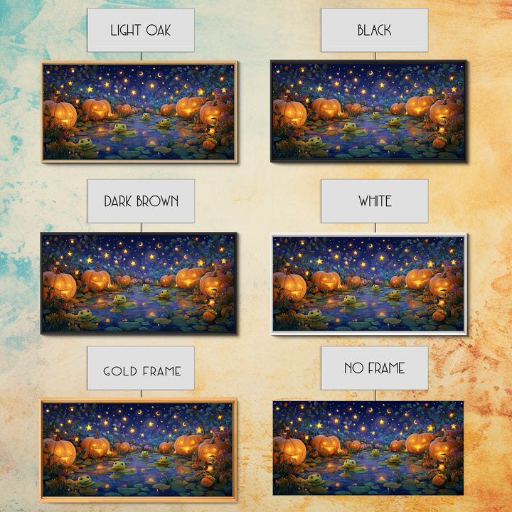 The Star-Filled Pumpkin Pond, Clay Halloween Art, Wide Panoramic Art, Framed Canvas Print, Cute Halloween Wall Art