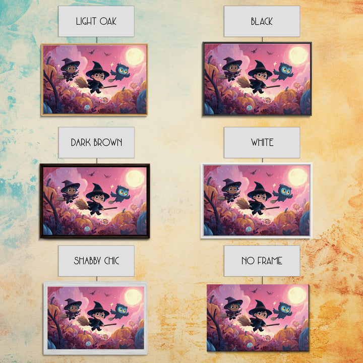 The Broomstick Riding Lesson, Vaporwave Halloween Art, Landscape Wall Art, Framed Canvas Print, Cute Halloween Wall Art