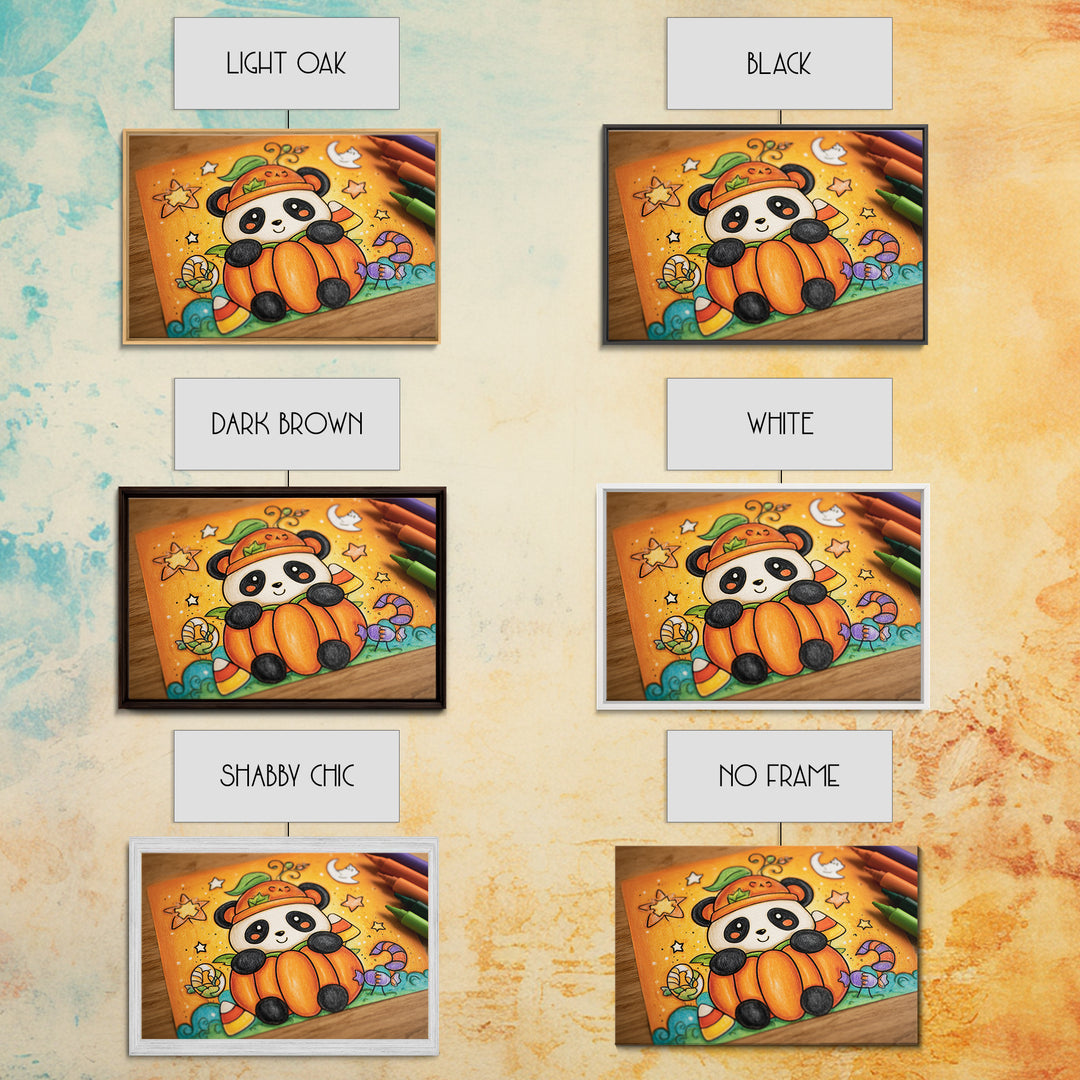 The Panda Pumpkin, Crayon Halloween Art, Landscape Wall Art, Framed Canvas Print, Cute Halloween Wall Art