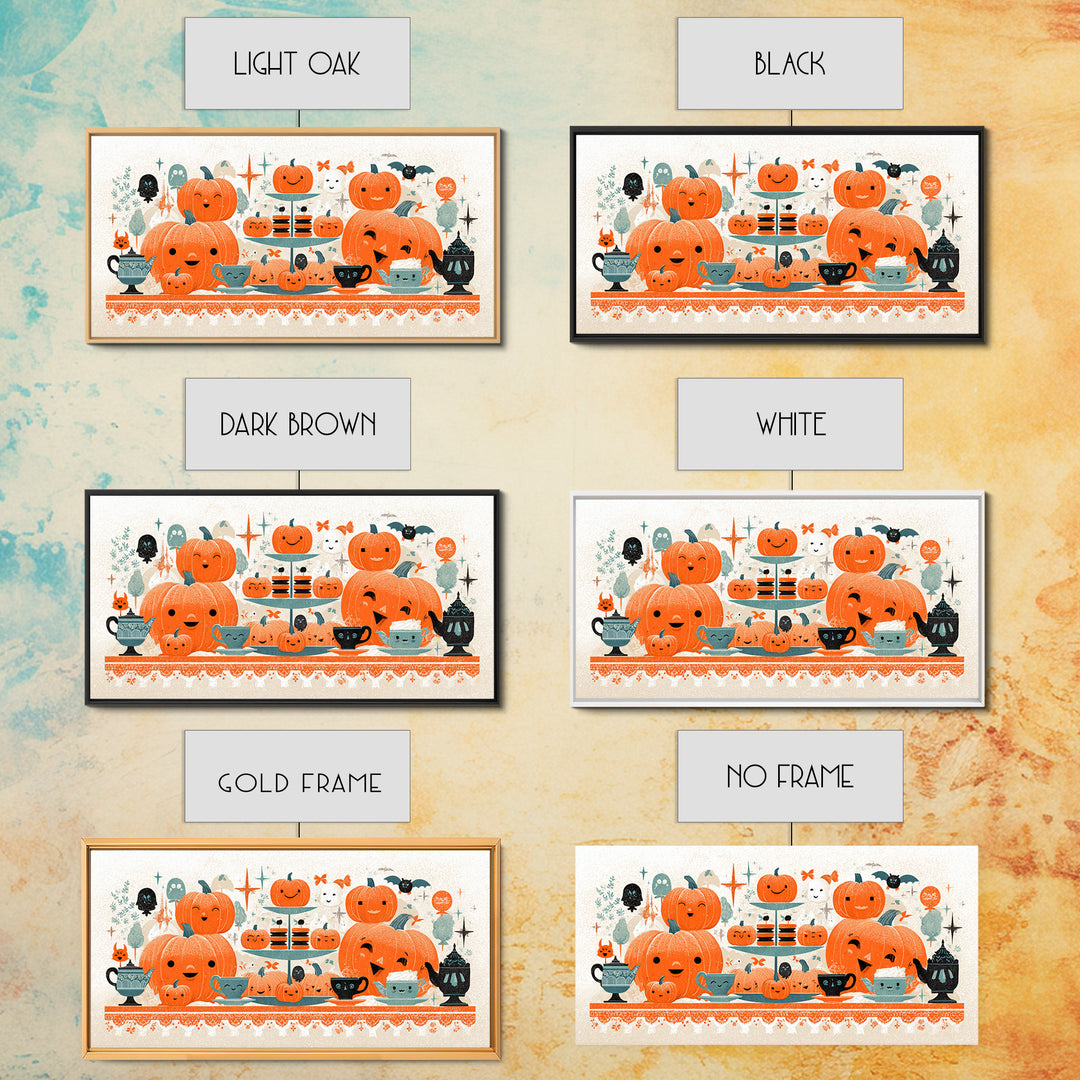 The Pumpkin Tea Party, Screenprint Halloween Art, Wide Panoramic Art, Framed Canvas Print, Cute Halloween Wall Art