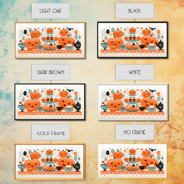 The Pumpkin Tea Party, Screenprint Halloween Art, Wide Panoramic Art, Framed Canvas Print, Cute Halloween Wall Art