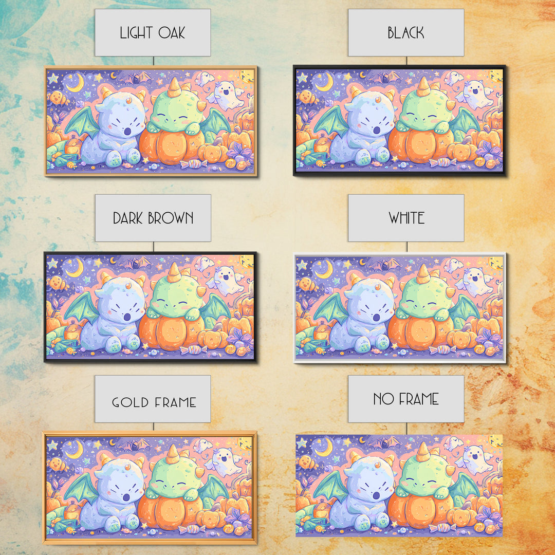 The Sleepy Costume Dragon, Kawaii Halloween Art, Wide Panoramic Art, Framed Canvas Print, Cute Halloween Wall Art