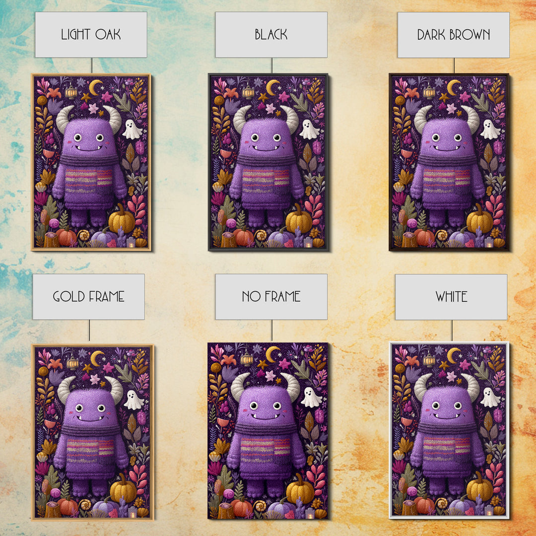 The Fuzzy Purple Monster, Folk Halloween Art, Vertical Wall Art, Canvas Print, Cute Halloween Wall Art