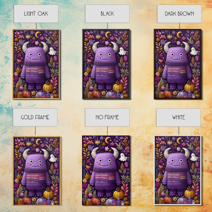 The Fuzzy Purple Monster, Folk Halloween Art, Vertical Wall Art, Canvas Print, Cute Halloween Wall Art