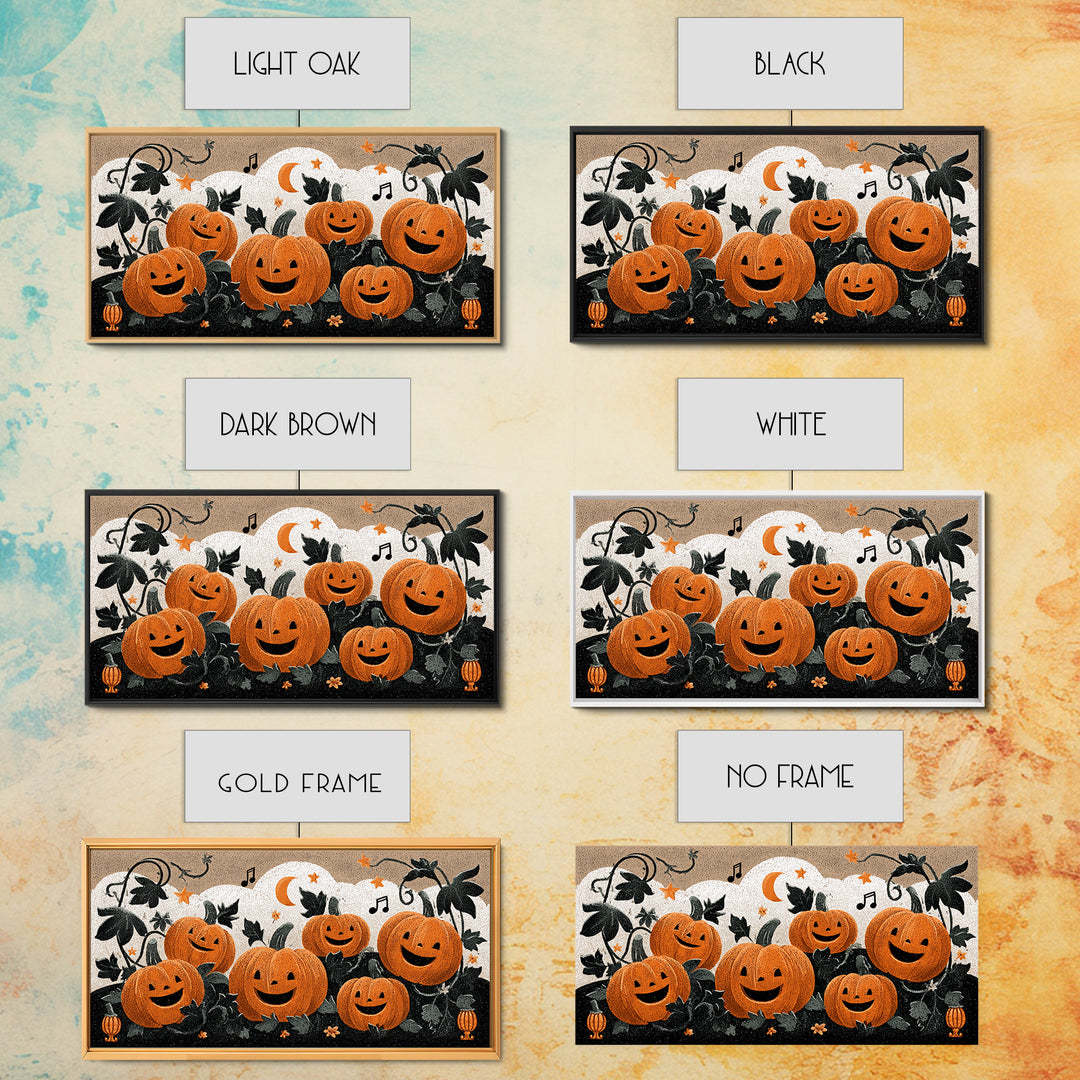 The Singing Pumpkin Patch, Linocut Halloween Art, Wide Panoramic Art, Framed Canvas Print, Cute Halloween Wall Art