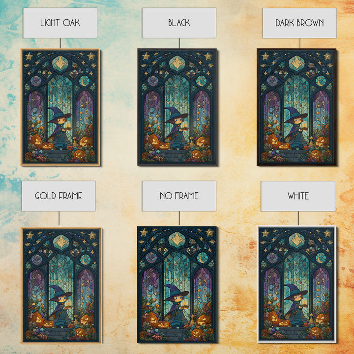 The Tiny Hat Shop Witch, Stained Glass Halloween, Vertical Wall Art, Canvas Print, Cute Halloween Wall Art