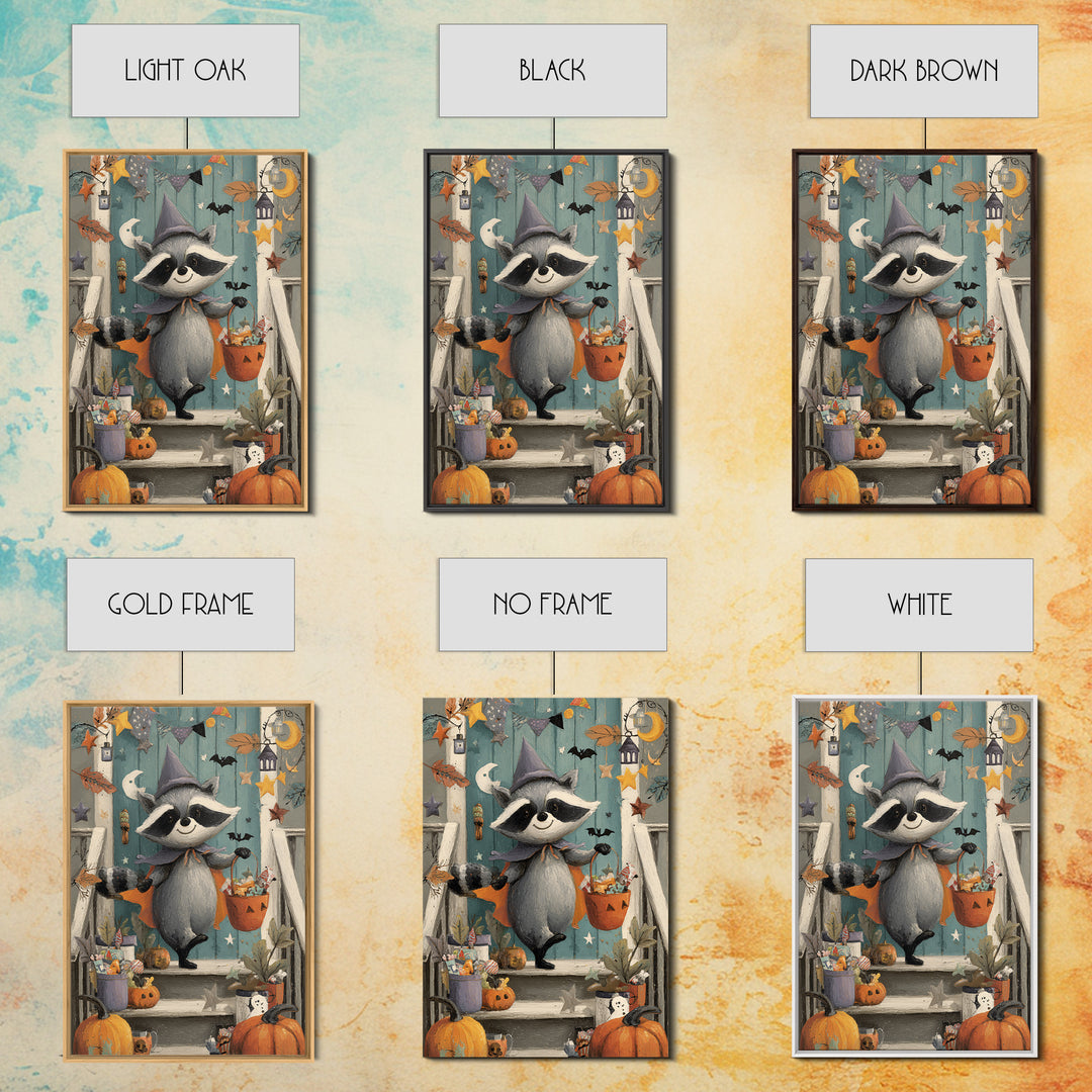 The Raccoon Trick-Or-Treater, Gouache Halloween Art, Vertical Wall Art, Canvas Print, Cute Halloween Wall Art