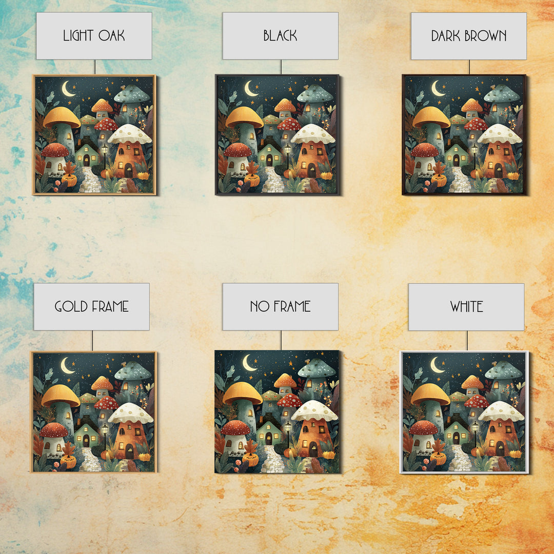 The Lantern-Lit Mushroom Village, Retro Halloween Art, Square Wall Art, Canvas Print, Cute Halloween Wall Art