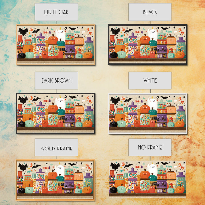The Jellybean Potion Shop, Screenprint Halloween Art, Wide Panoramic Art, Framed Canvas Print, Cute Halloween Wall Art