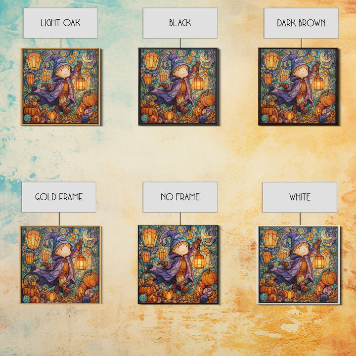 The Lantern-Light Wizard, Stained Glass Halloween, Square Wall Art, Canvas Print, Cute Halloween Wall Art