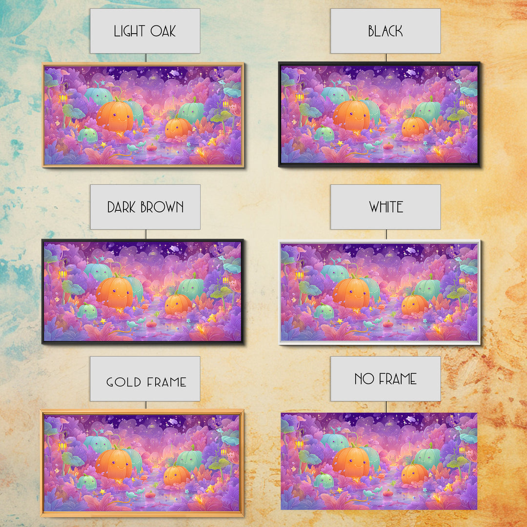 The Pumpkin Fairy Garden, Vaporwave Halloween Art, Wide Panoramic Art, Framed Canvas Print, Cute Halloween Wall Art