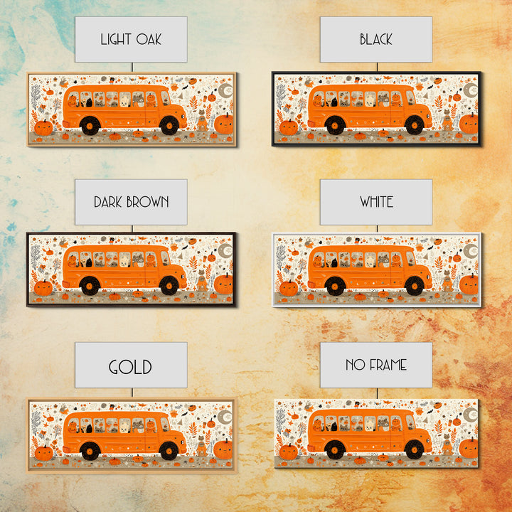 The Pumpkin School Bus, Retro Halloween Art, Extra Wide Wall Art, Canvas Print, Cute Halloween Wall Art