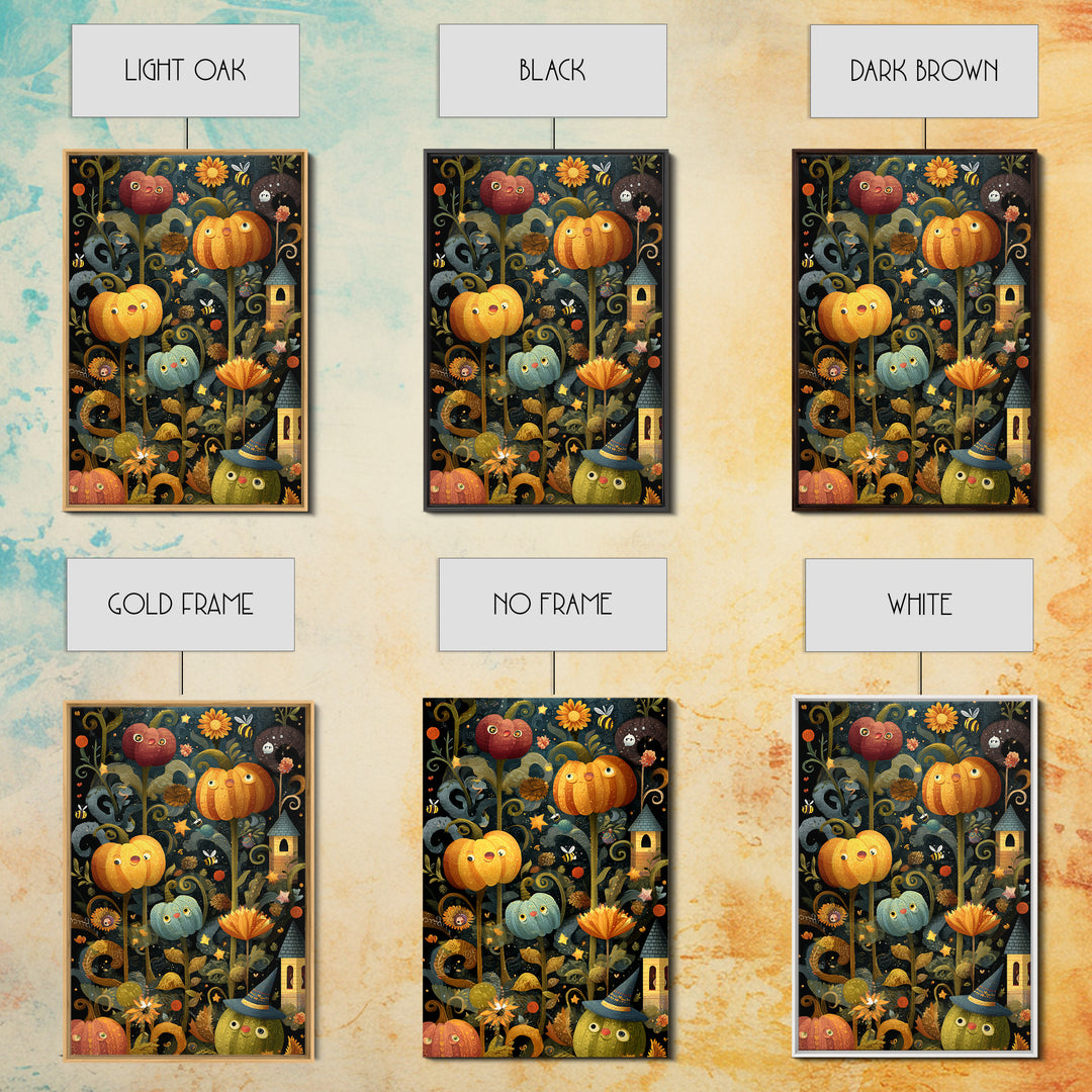 The Pumpkin Flower Garden, Folk Halloween Art, Vertical Wall Art, Canvas Print, Cute Halloween Wall Art