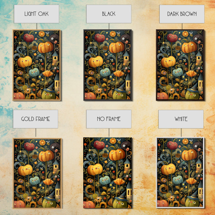 The Pumpkin Flower Garden, Folk Halloween Art, Vertical Wall Art, Canvas Print, Cute Halloween Wall Art