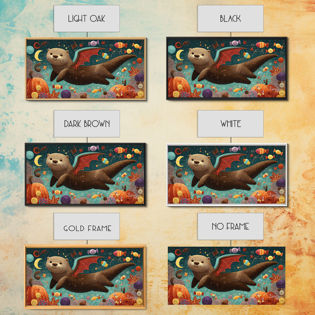 The Bat-Winged Otter, Quilled Halloween Art, Wide Panoramic Art, Framed Canvas Print, Cute Halloween Wall Art