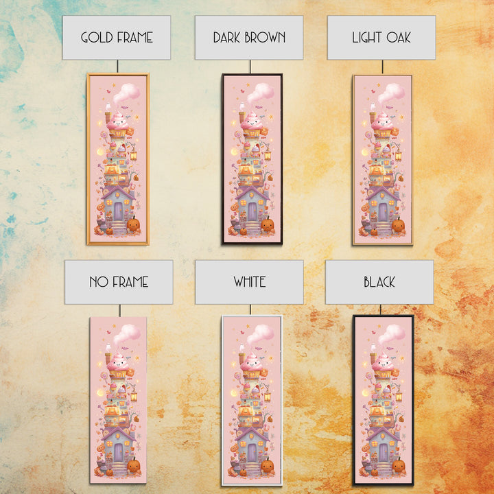 The Witch'S Cupcake Cottage, Kawaii Halloween Art, Tall Narrow Wall Art, Framed Canvas Print, Cute Halloween Wall Art